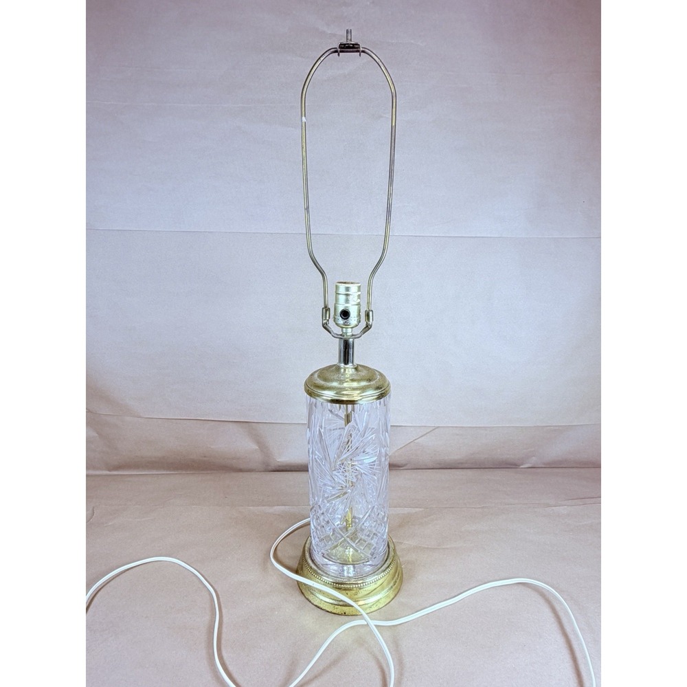 Cut Glass Crystal Style Cylinder Table Lamp Brass Tone Base Harp No Shade German